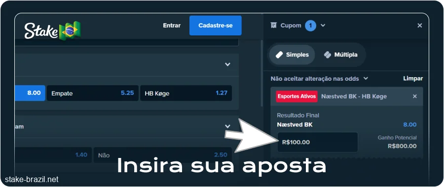 Insira o valor da sua aposta na Stake para Brasileiros