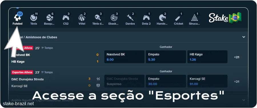 Selecione uma categoria esportiva Stake BR